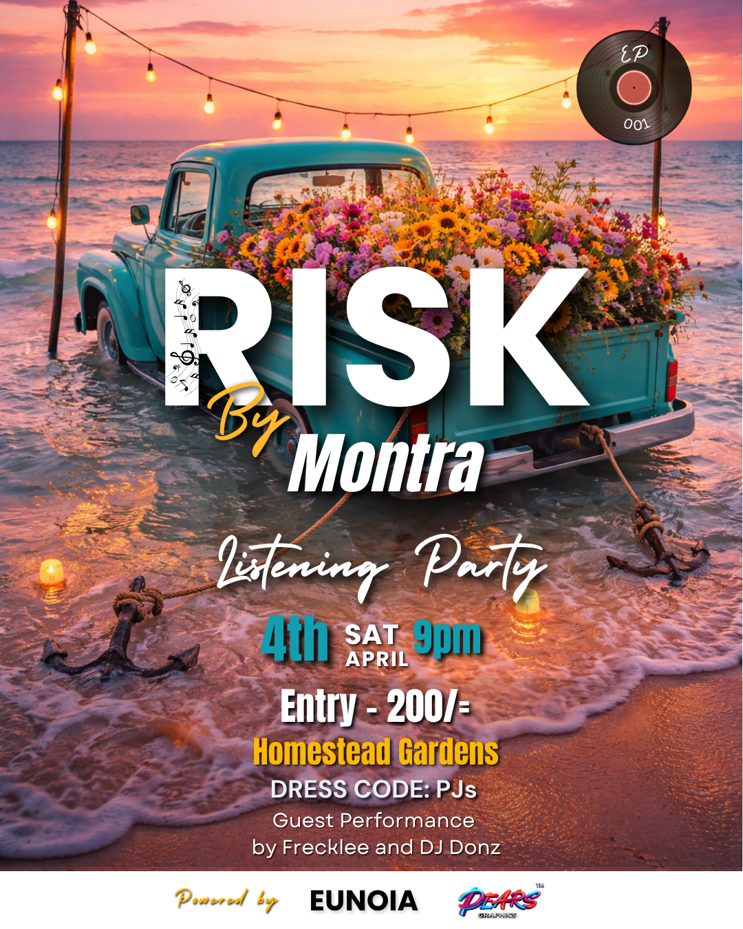 Cinematic listening party poster with beach sunset and bold typography.
